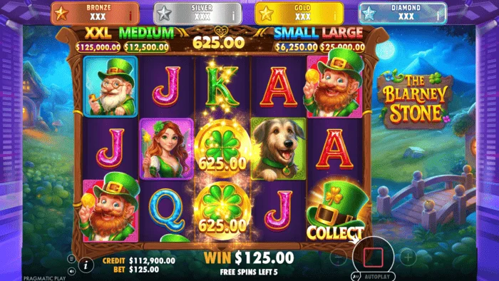 The Blarney Stone - Money Collect screen na may sumbrero sa ikalimang reel