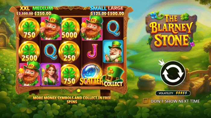 The Blarney Stone - pangunahing screen na may mga reel at berdeng lambak